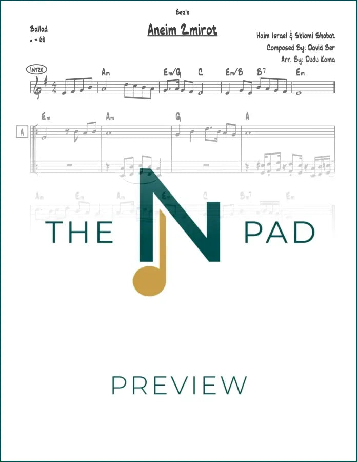 Sheet music for Anim Zemirot by The Notation Pad, showing the lead sheet with musical notes and lyrics.