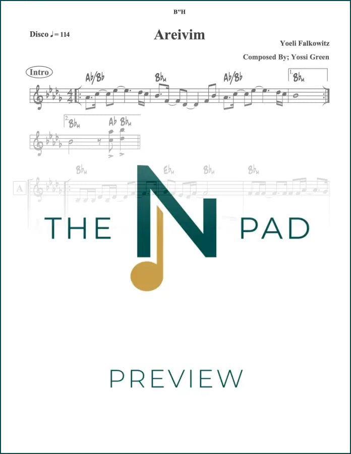 Sheet music titled Areivim by Falkowitz, published by The Notation Pad, showing musical notes on a lead sheet.
