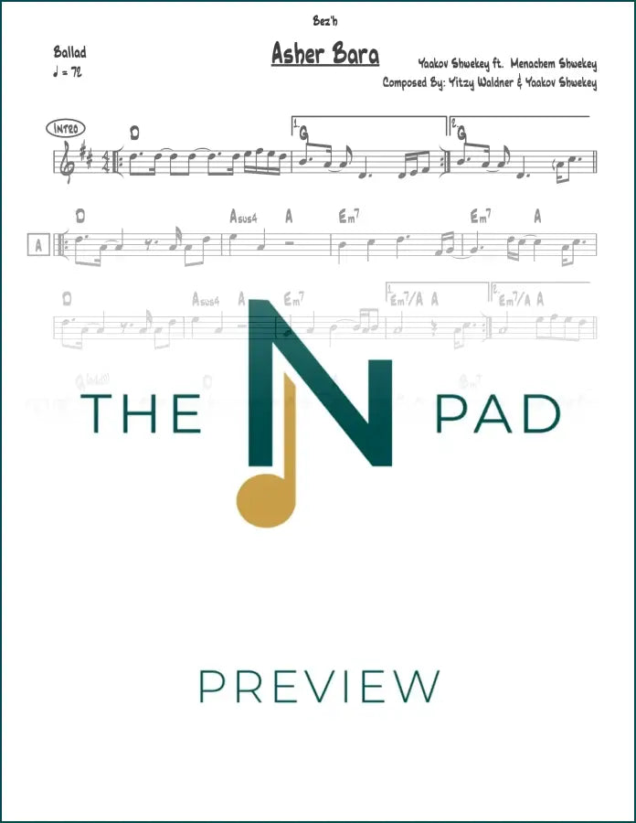 Sheet music for "Asher Bara" by Shwekey, a lead sheet from The Notation Pad, featuring musical notation and lyrics.