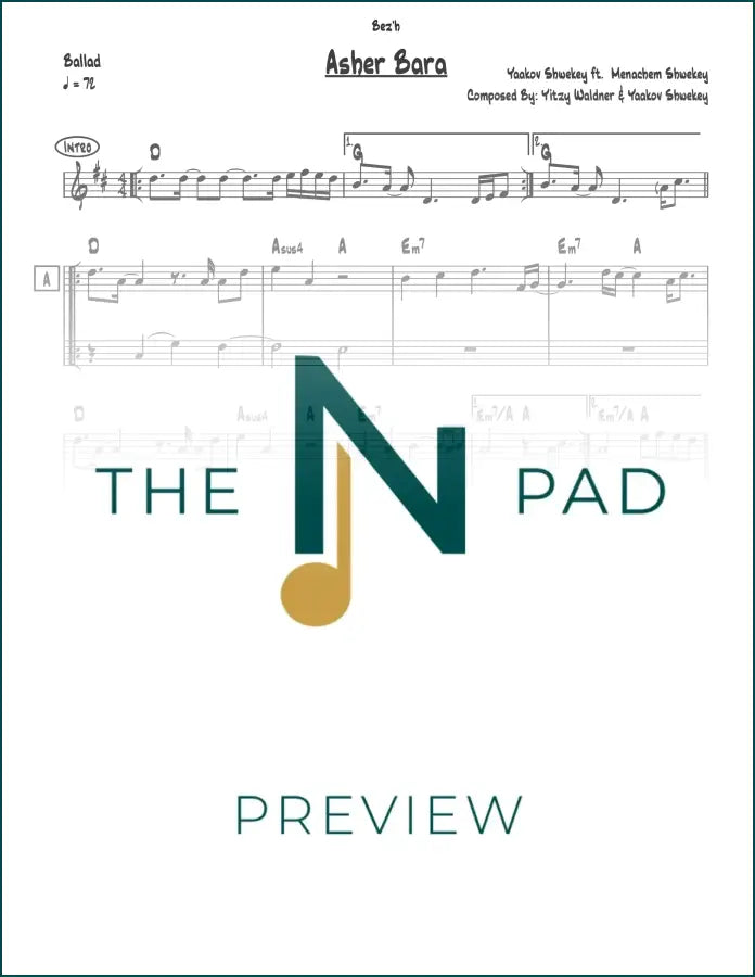 Sheet music for "Asher Bara" by Shwekey from The Notation Pad, featuring lead sheet with musical notation.