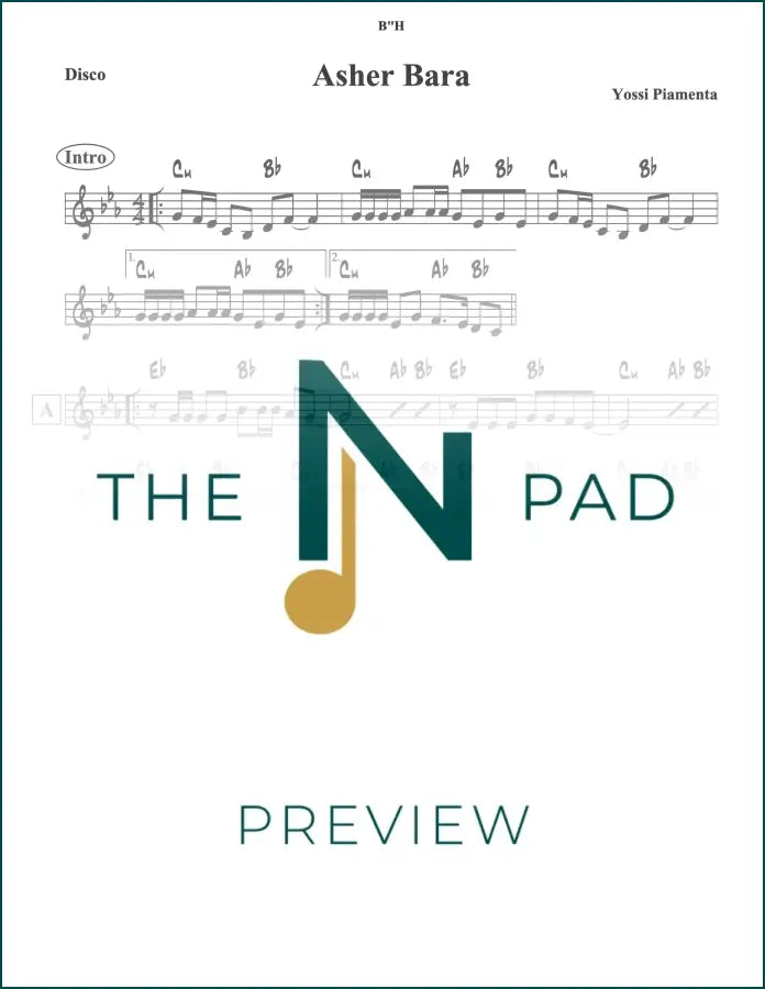 Sheet music for "Asher Bara" by Piamenta on The Notation Pad, featuring lead sheet with musical notes and notation.
