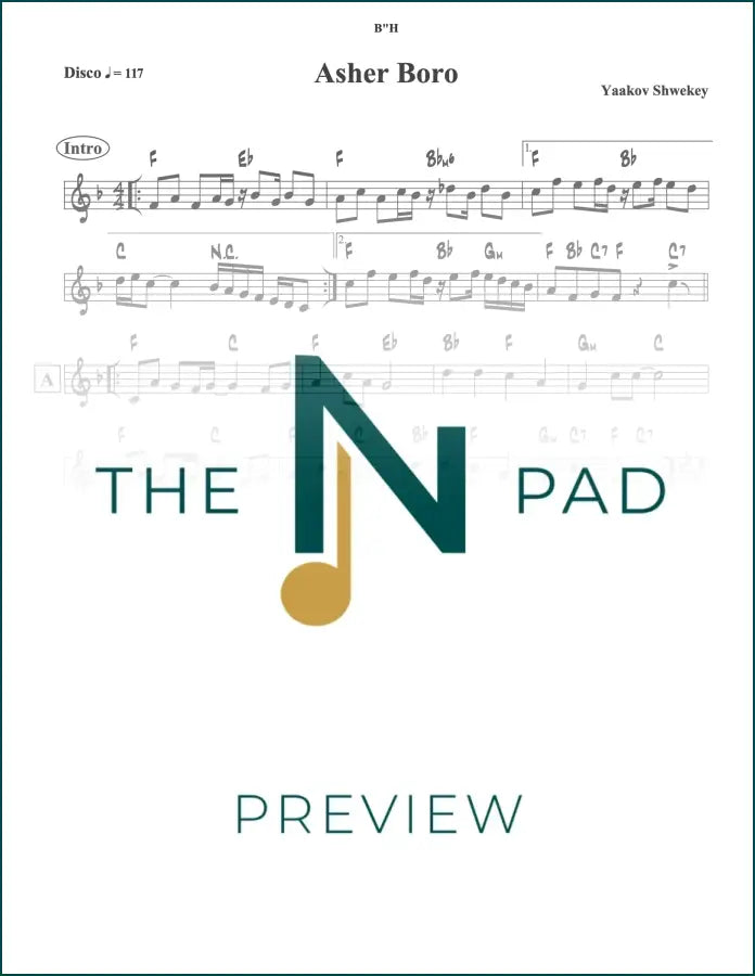 Sheet music lead sheet for "Asher Bara" by Shwekey from The Notation Pad, featuring musical notes and lyrics.