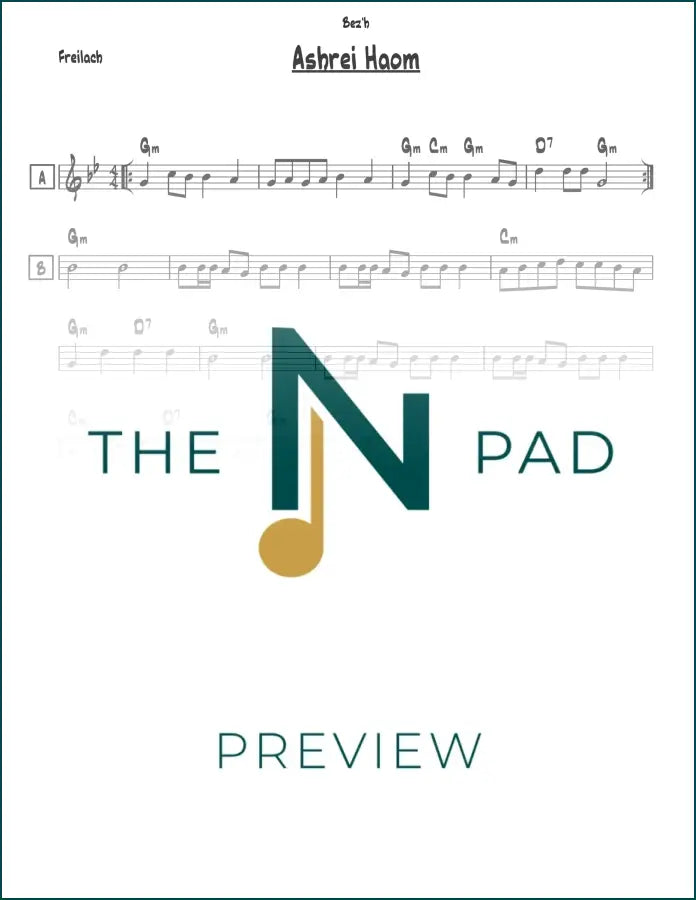 Sheet music for Ashrei Haom by The Notation Pad, a lead sheet with musical notes and lyrics on a clear background.