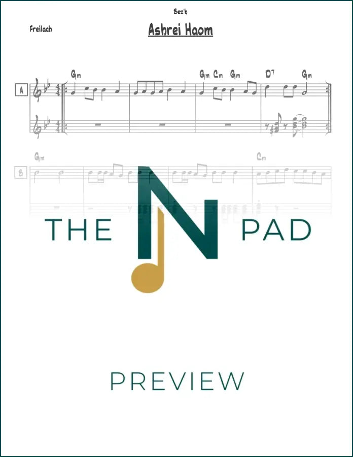 Sheet music for Ashrei Haom by The Notation Pad, featuring a lead sheet with musical notation and lyrics.