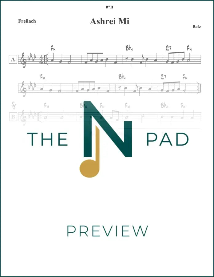 Sheet music for Ashrei Mi by The Notation Pad, showing a lead sheet with musical notes and lyrics on a clean white background.