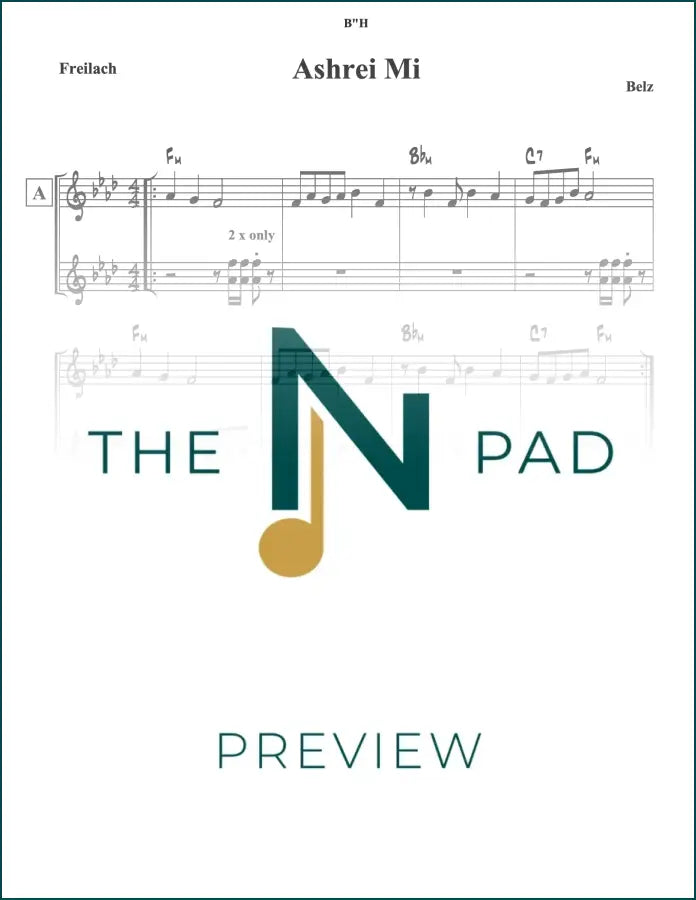 Sheet music lead sheet titled Ashrei Mi by The Notation Pad, featuring musical notation and lyrics on a clean background.