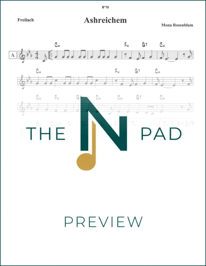 Sheet music titled "Ashreichem - Mona" by The Notation Pad, featuring a lead sheet with musical notes and lyrics.