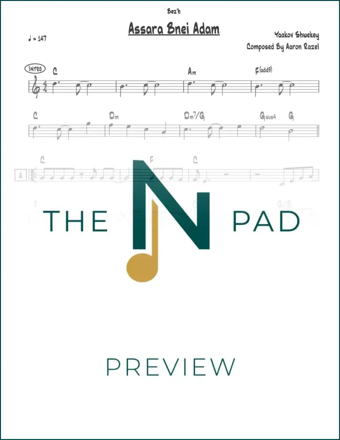 Sheet music for Assara Bnei Adam by Shwekey, arranged as a lead sheet from The Notation Pad.
