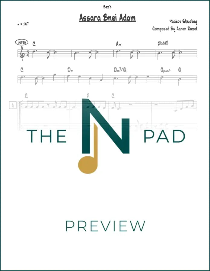 Sheet music for Assara Bnei Adam by Shwekey, published by The Notation Pad, showing the lead sheet with musical notes and lyrics.