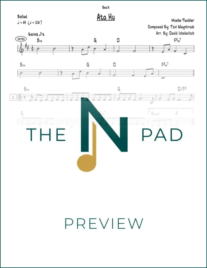 Sheet music titled Ata Hu - Tischler by The Notation Pad, featuring a lead sheet with musical notation on a clean background