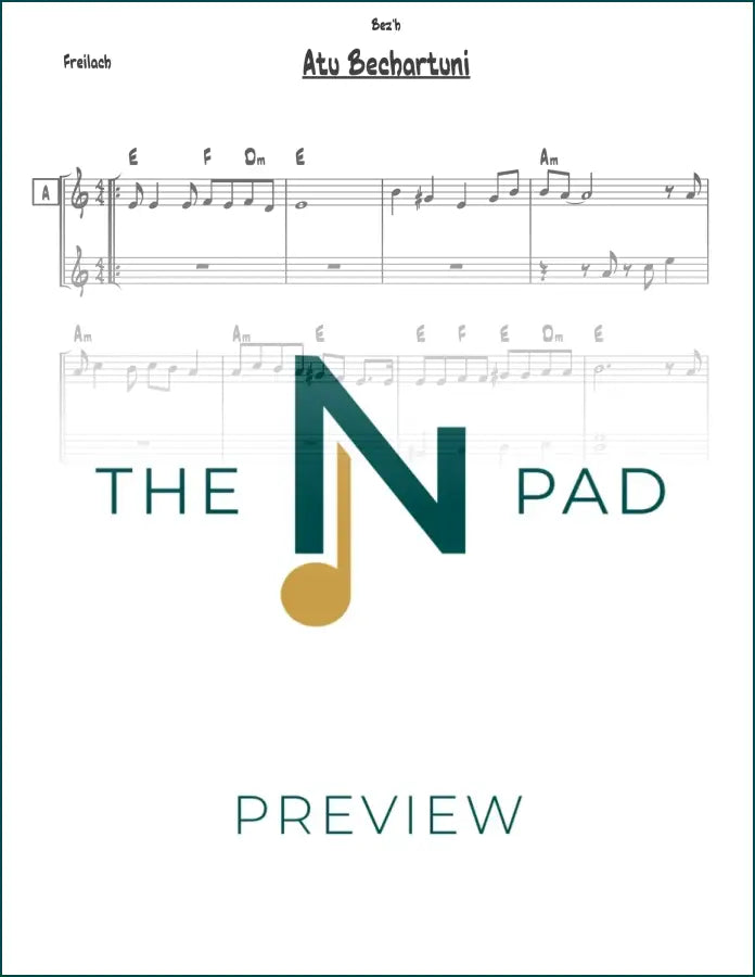 Sheet music titled Atu Bechartuni by The Notation Pad, featuring a lead sheet with musical notes and notation symbols.
