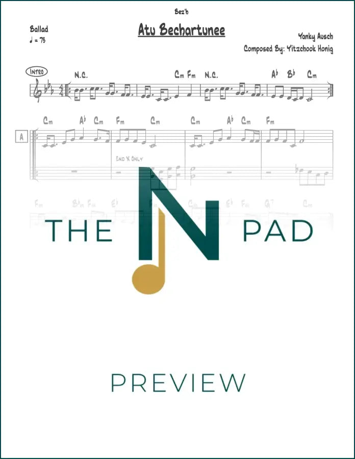 Sheet music for "Atu Bechartuni" by Yitzchok Honig, published by The Notation Pad, featuring lead sheet with musical notation.