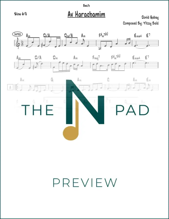 Sheet music for "Av Harachmim - Gabay" by The Notation Pad, featuring a lead sheet with musical notation and lyrics.