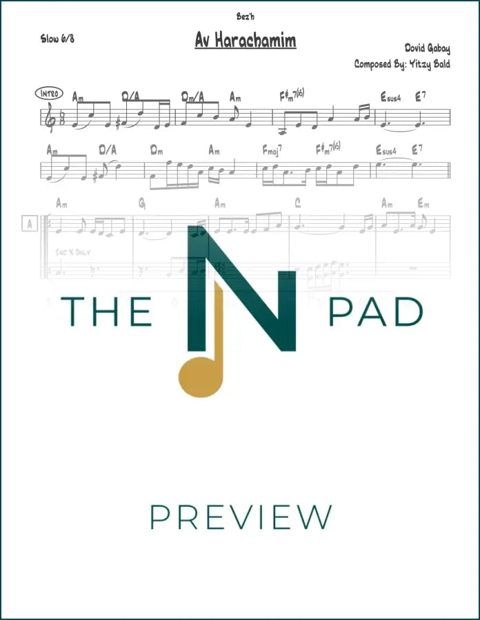 Sheet music for "Av Harachmim - Gabay" by The Notation Pad, showing lead sheet with musical notes and lyrics.