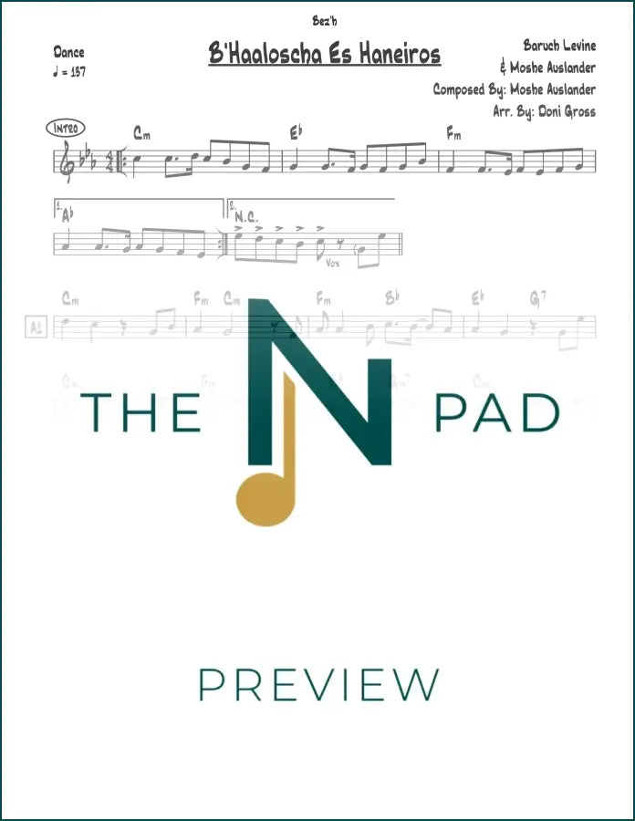 Sheet music for B'Haaloscha Es Haneiros by Levine from The Notation Pad, featuring the lead sheet with musical notation.