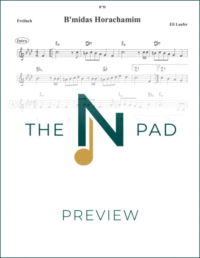 Sheet music for B'midas Horachamim by Eli Laufer, published by The Notation Pad, displayed on a music stand.