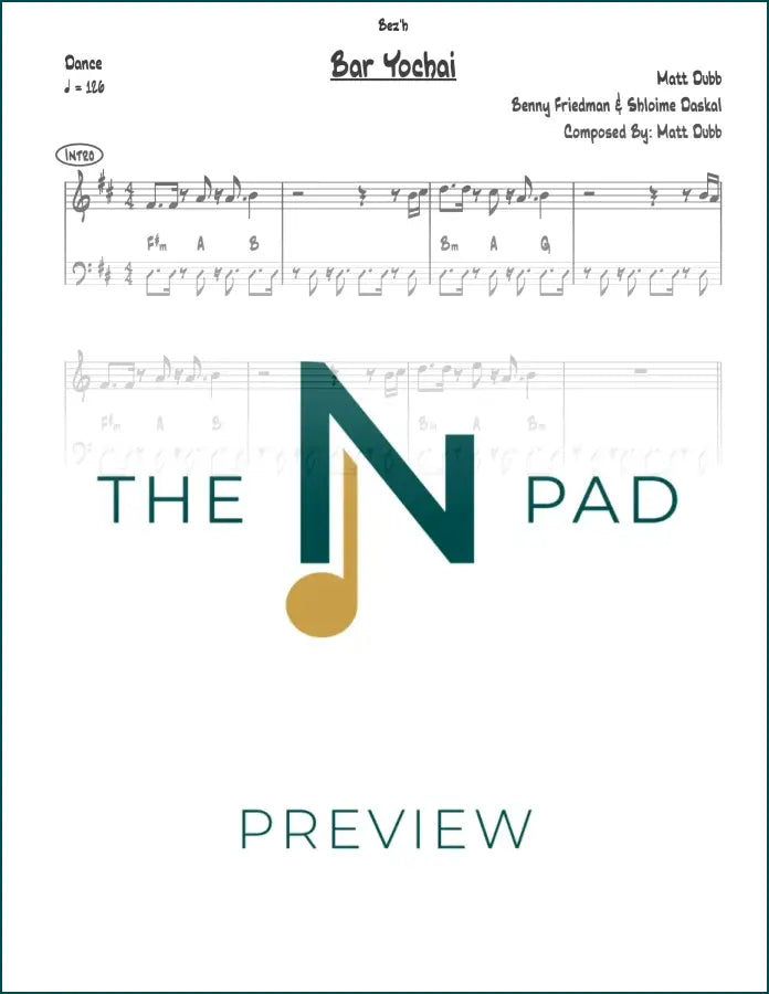 Sheet music for "Bar Yochai" by Matt Dubb, published by The Notation Pad, featuring lead sheet notation on a music stand.