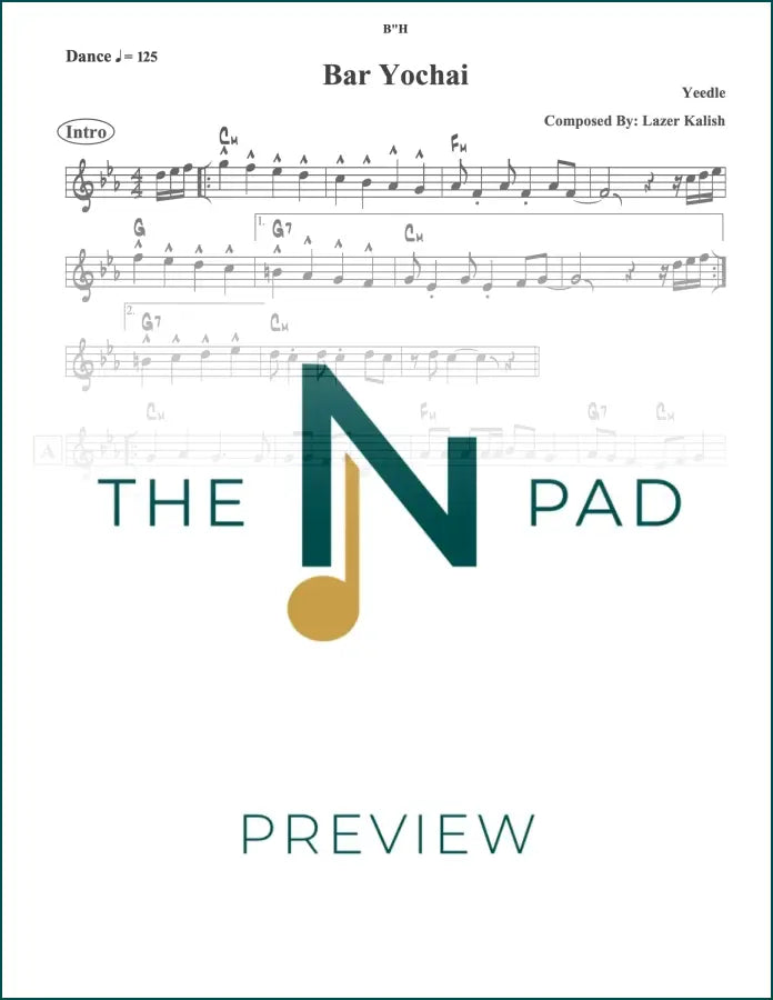 Sheet music for "Bar Yochai" by Yeedle, a lead sheet from The Notation Pad, showing musical notes on paper.