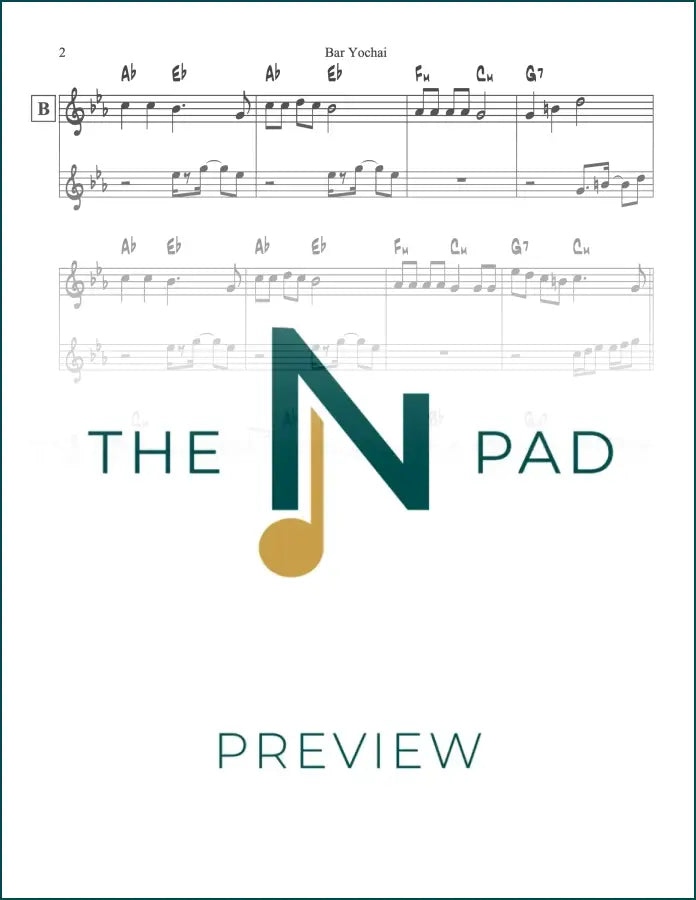 Sheet music for "Bar Yochai" by Yeedle, a lead sheet published by The Notation Pad, showing musical notation on a page.