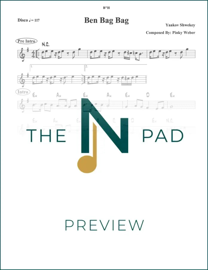 Sheet music for "Ben Bag Bag" by Shwekey from The Notation Pad, featuring a lead sheet with musical notes and lyrics.