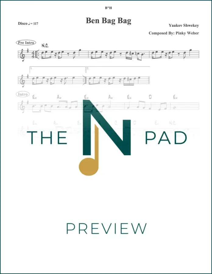 Sheet music for "Ben Bag Bag" by Shwekey from The Notation Pad, featuring a lead sheet with musical notation and lyrics.