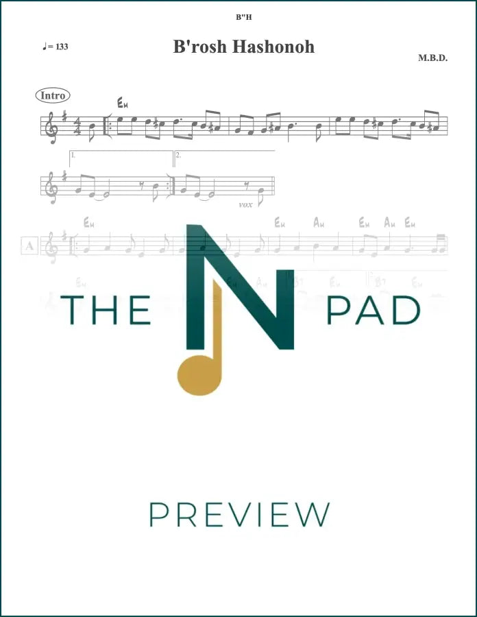 Sheet music for Berosh Hashonoh by The Notation Pad, featuring lead sheet with musical notes and lyrics.