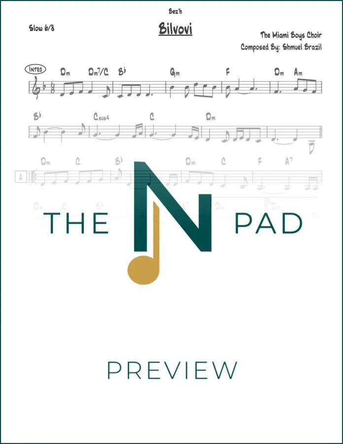 Sheet music for Bilvovi - MBC by The Notation Pad, showing musical notes and lead sheet layout on a printed music page.