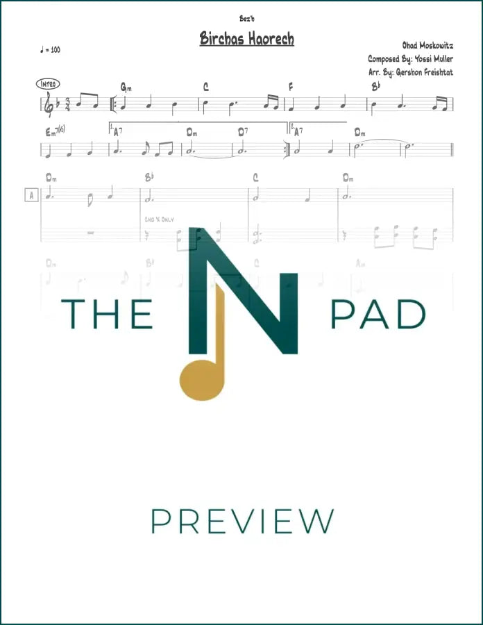 Sheet music for Birchas Haorech by Ohad, published by The Notation Pad, showing musical notes on a printed lead sheet.
