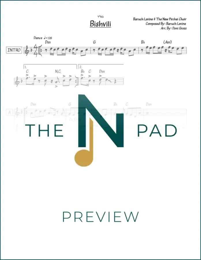 Bishvili Levine sheet music from The Notation Pad, showing a lead sheet with musical notes and notation on a white background.