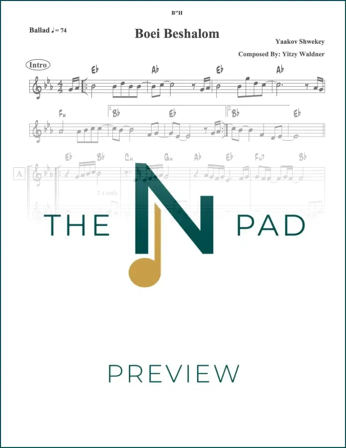 Sheet music for "Boee Beshalom" by Shwekey, published by The Notation Pad, featuring the lead sheet with musical notes and lyrics.