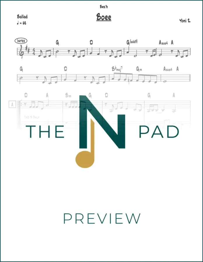 Sheet music titled "Boee - Yoni Z" by The Notation Pad, showing musical notes on a lead sheet.