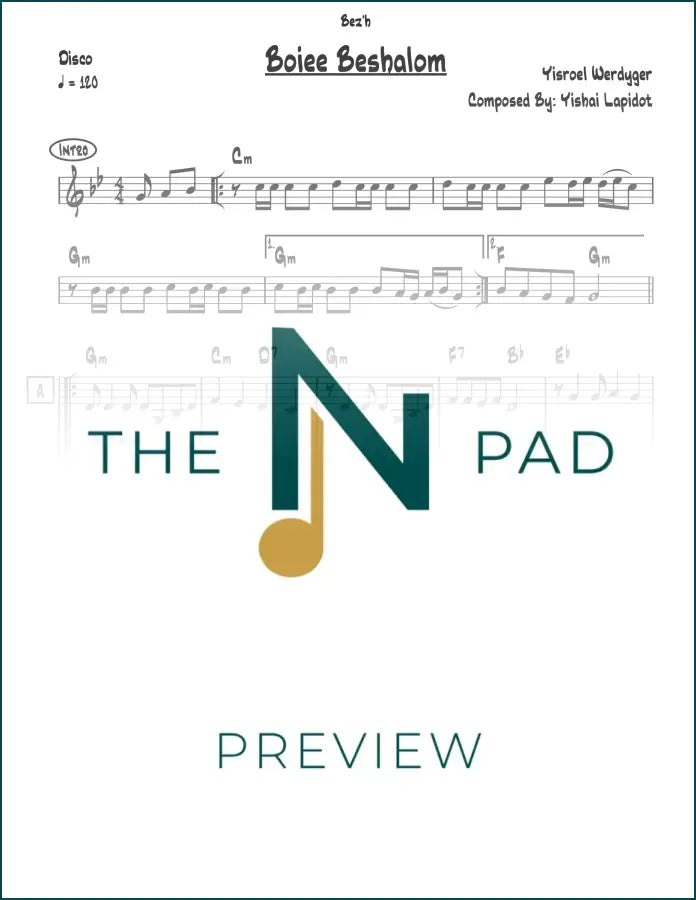 Sheet music for "Boiee Beshalom" by The Notation Pad, featuring lead sheets with musical notation on white paper.