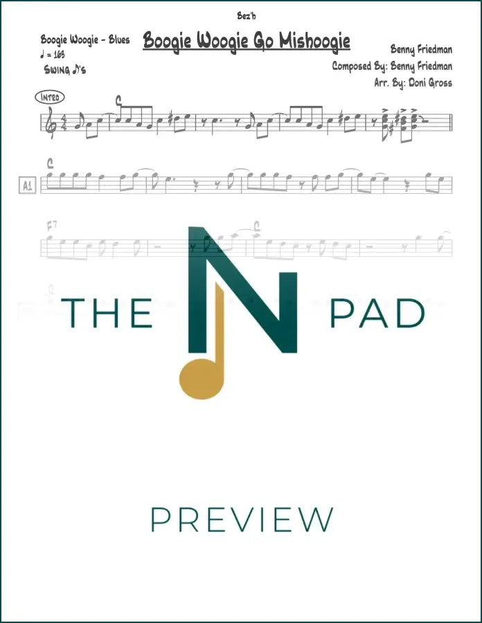 Sheet music for Boogie Woogie Go Mishoogie by Benny from The Notation Pad, showing the lead sheet with musical notation.