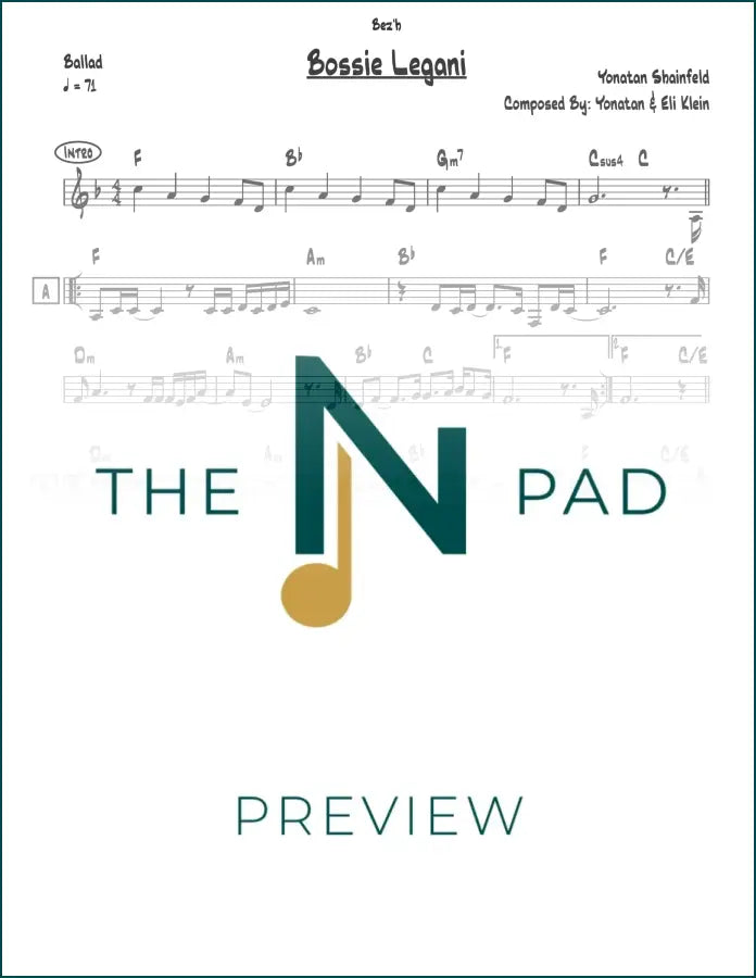 Sheet music titled "Bossie Legani" by Shainfeld from The Notation Pad, showing musical notes on a lead sheet.