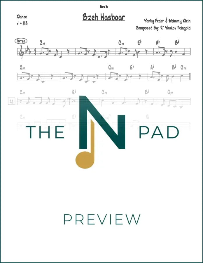 Sheet music for Bzeh Hashaar by The Notation Pad, displayed as a clear lead sheet with musical notes and lyrics.