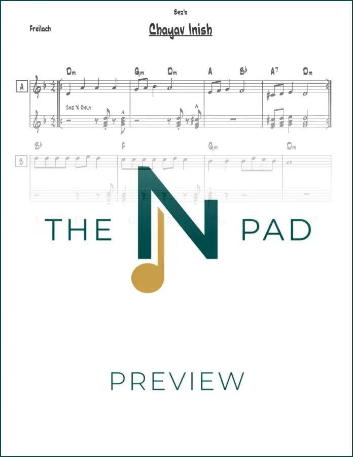 Sheet music for "Chayav Inish" lead sheet by The Notation Pad, showing musical notes and notation on a music stand.