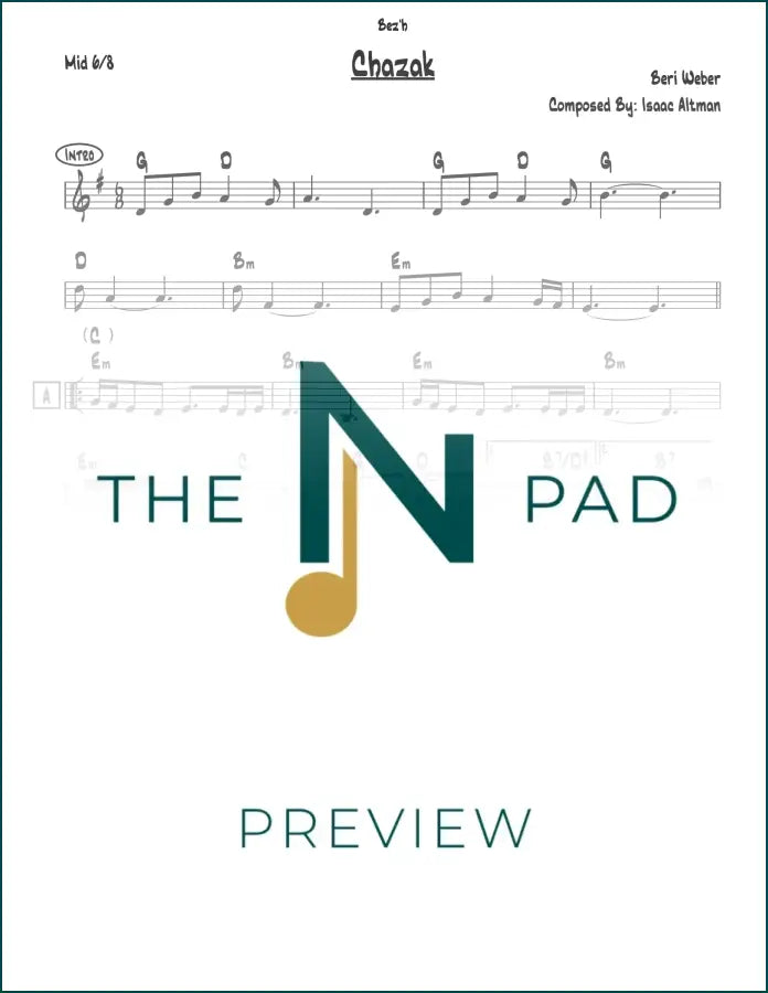 Sheet music for "Chazak - Beri" by The Notation Pad, lead sheet with musical notes and lyrics on white background.