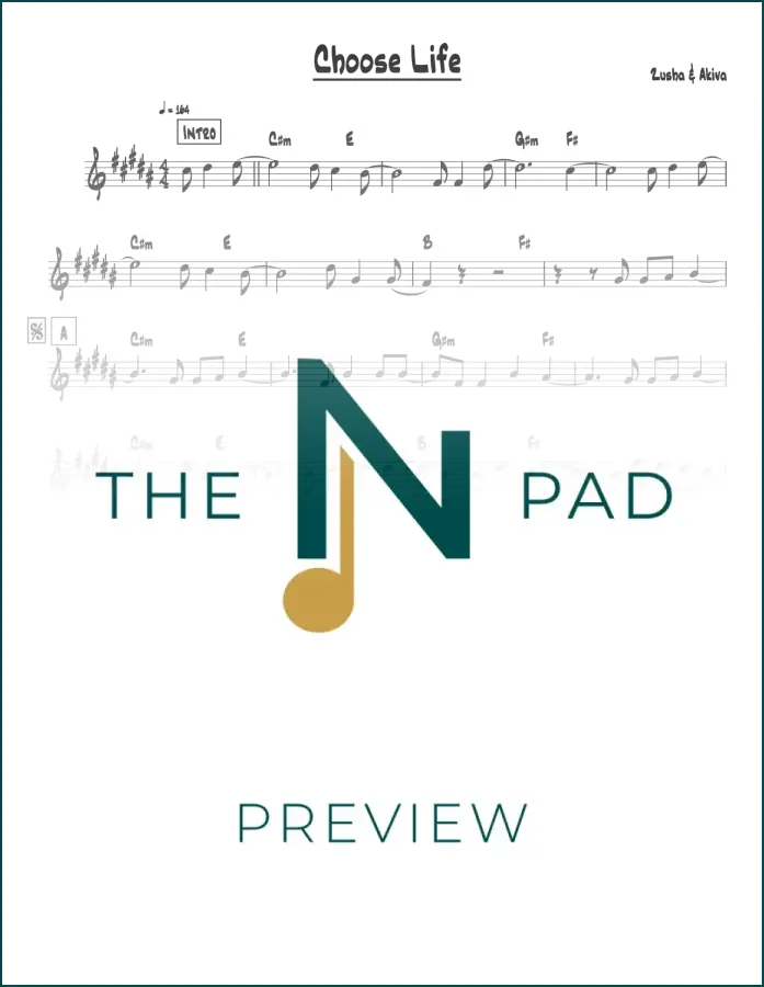 Sheet music for "Choose Life" by Zusha &amp; Akiva, published by The Notation Pad, showing musical notes on a lead sheet.