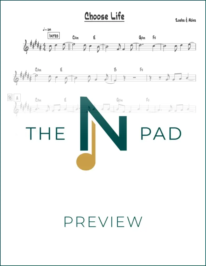 Sheet music for "Choose Life" by Zusha &amp; Akiva from The Notation Pad, showing musical notes on a lead sheet.