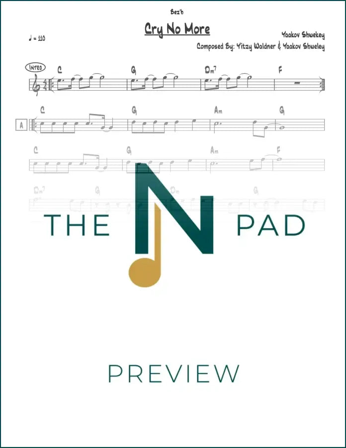 Sheet music for "Cry No More" by Shwekey from The Notation Pad, featuring lead sheet with musical notes and lyrics.