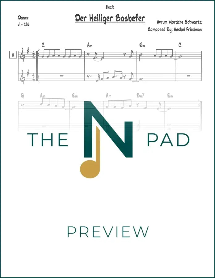 Sheet music for "Der Heiliger Bashefer" by Avrum Mordche from The Notation Pad, featuring lead sheet notation.