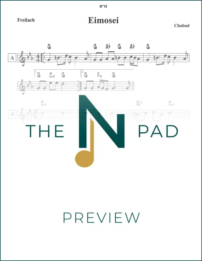 Sheet music lead sheet titled "Eimosei - Chabad" from The Notation Pad, featuring musical notes on a printed sheet.