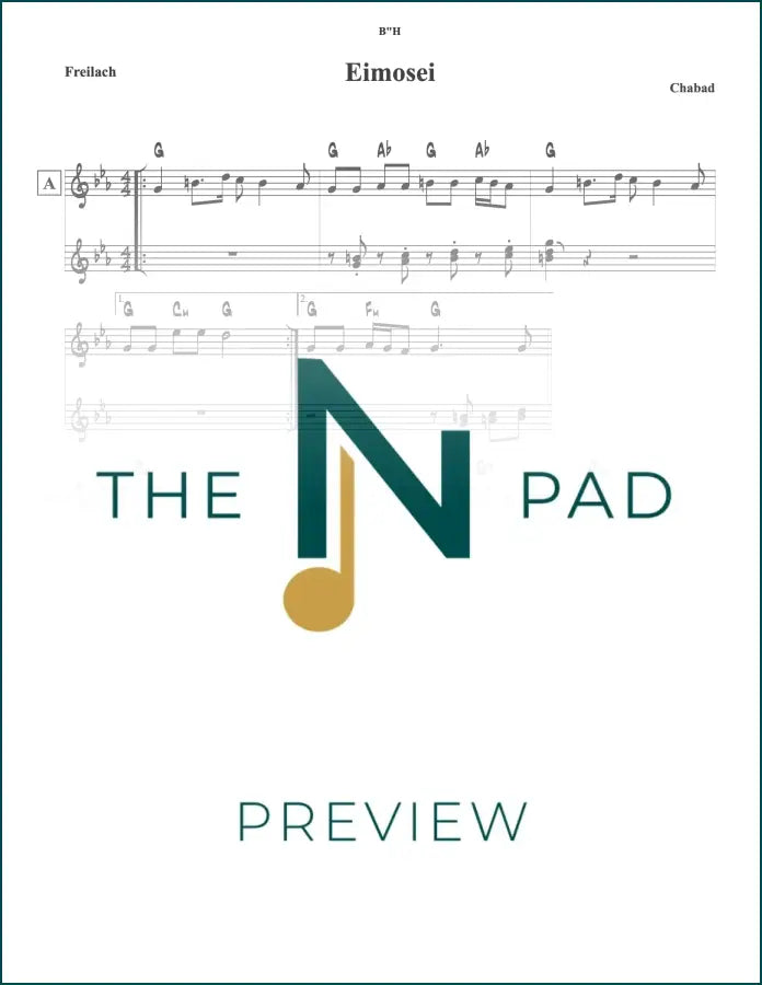 Sheet music lead sheet titled "Eimosei - Chabad" from The Notation Pad, featuring musical notation and lyrics.