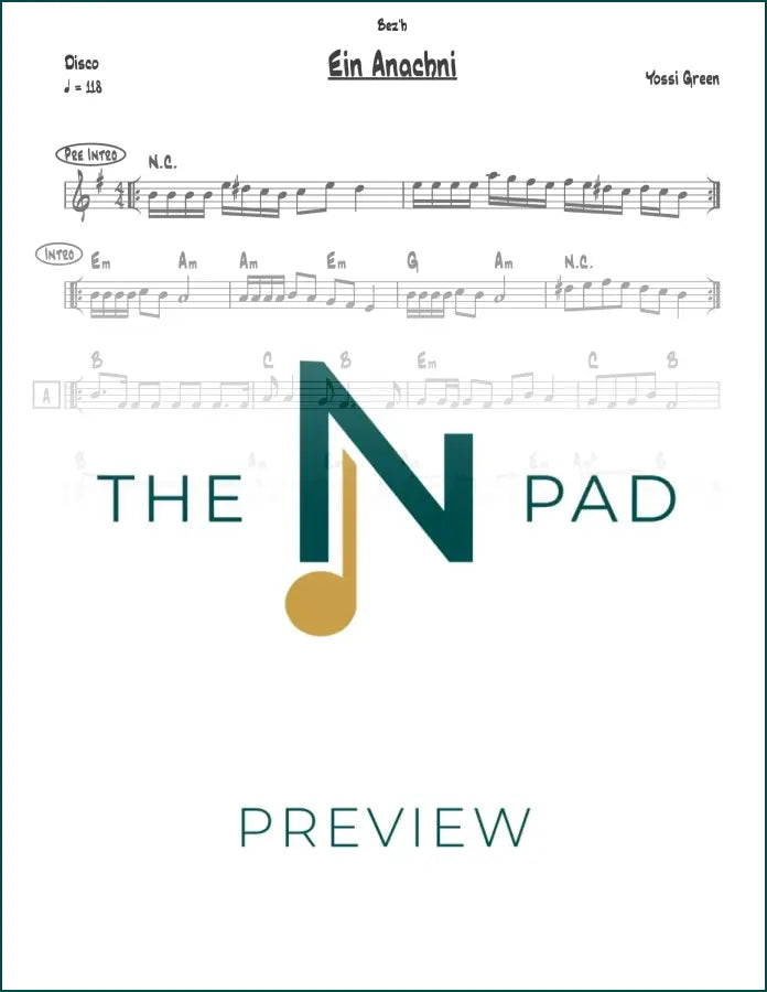 Green sheet music titled "Ein Anachni" by The Notation Pad, featuring a lead sheet with musical notation.