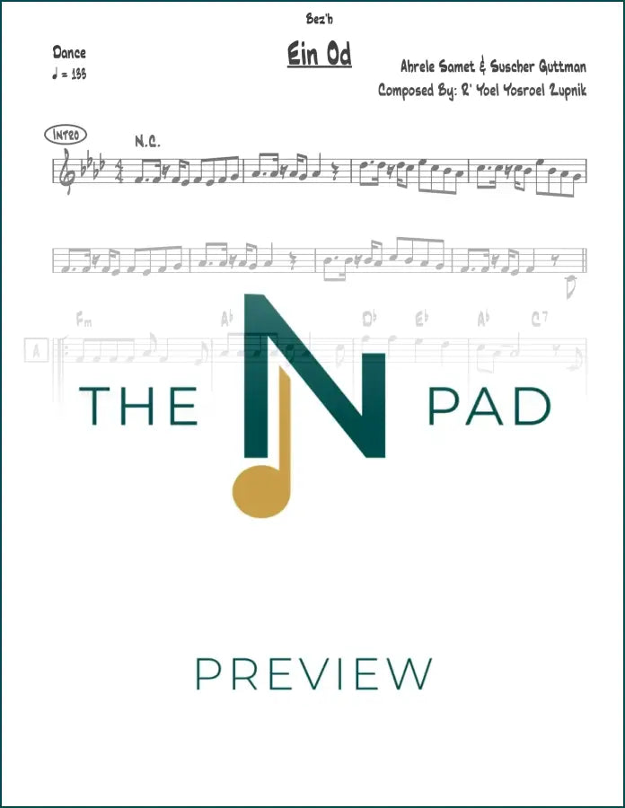 Sheet music lead sheet for "Ein Od" by The Notation Pad, showing musical notes and notation on a printed page.