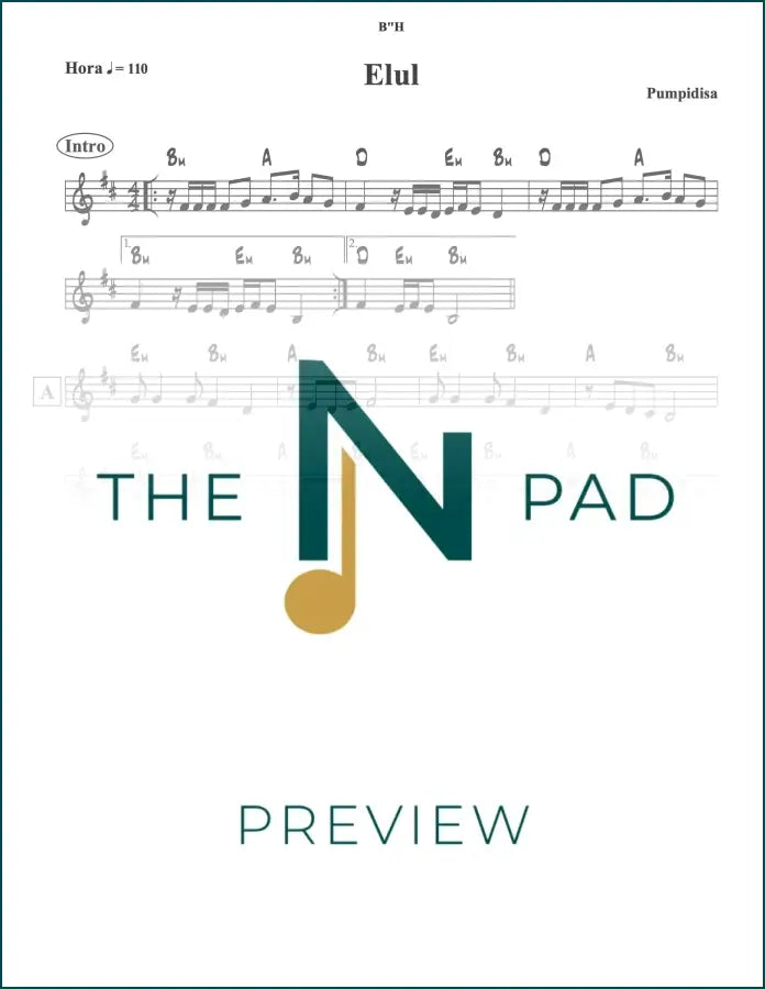 Sheet music for "Elul - Pumpidisa" by The Notation Pad, featuring a lead sheet with musical notes and lyrics on paper.