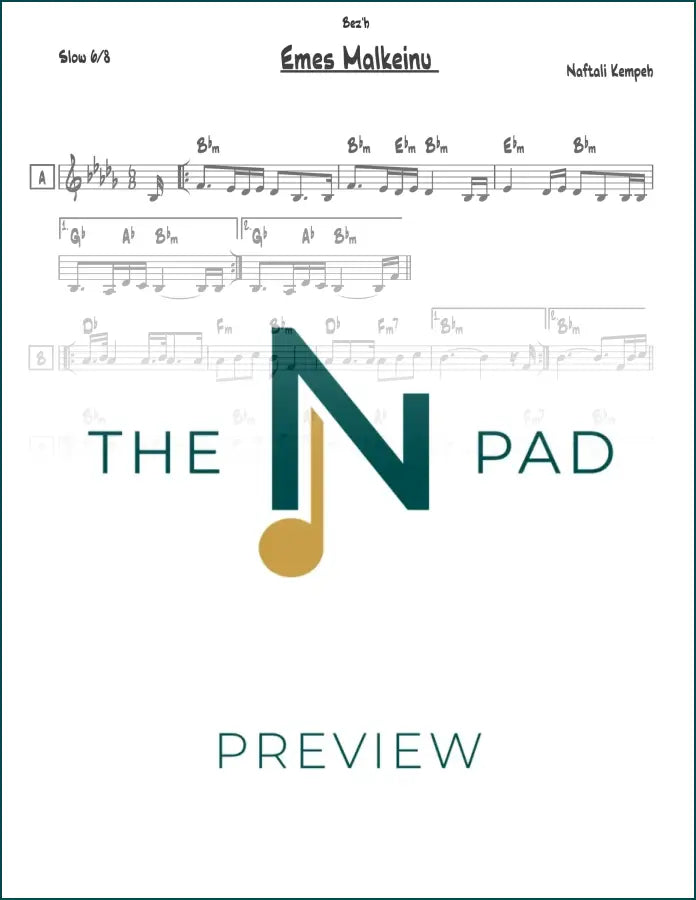 Sheet music for "Emes Malkeinu - Kempeh" by The Notation Pad, printed lead sheet with musical notation on paper.