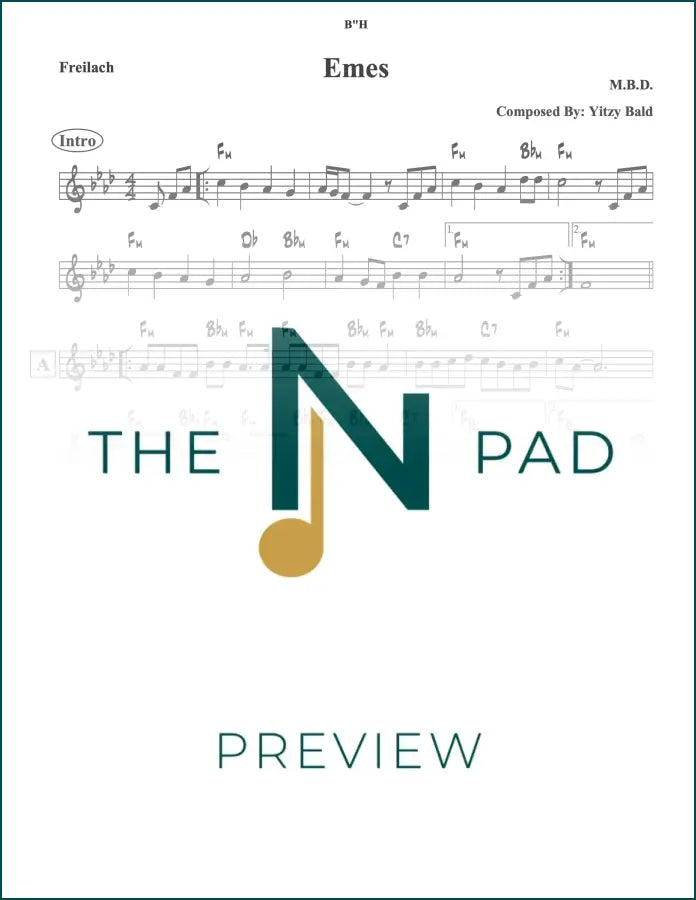 Sheet music titled "Emes - MBD" by The Notation Pad, featuring a lead sheet with musical notes and notation on a clean background.