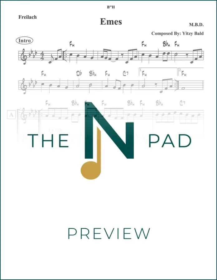 Sheet music titled "Emes - MBD" from The Notation Pad, featuring a lead sheet with musical notation and lyrics.