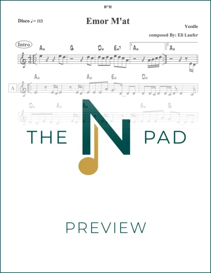 Sheet music for "Emor M'at - Yeedle" by The Notation Pad, featuring a lead sheet with musical notation on white background.